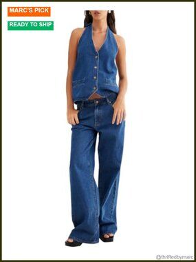 Two Piece Denim Set Sleeveless Button Down Tank Top Wide Leg Jeans Outfit